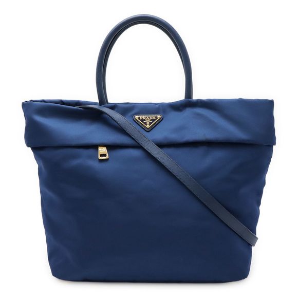 Prada Triangle Logo Tote Handbag 2WAY Shoulder Bag Nylon Leather Blue Blue Gold - Picture 1 of 9